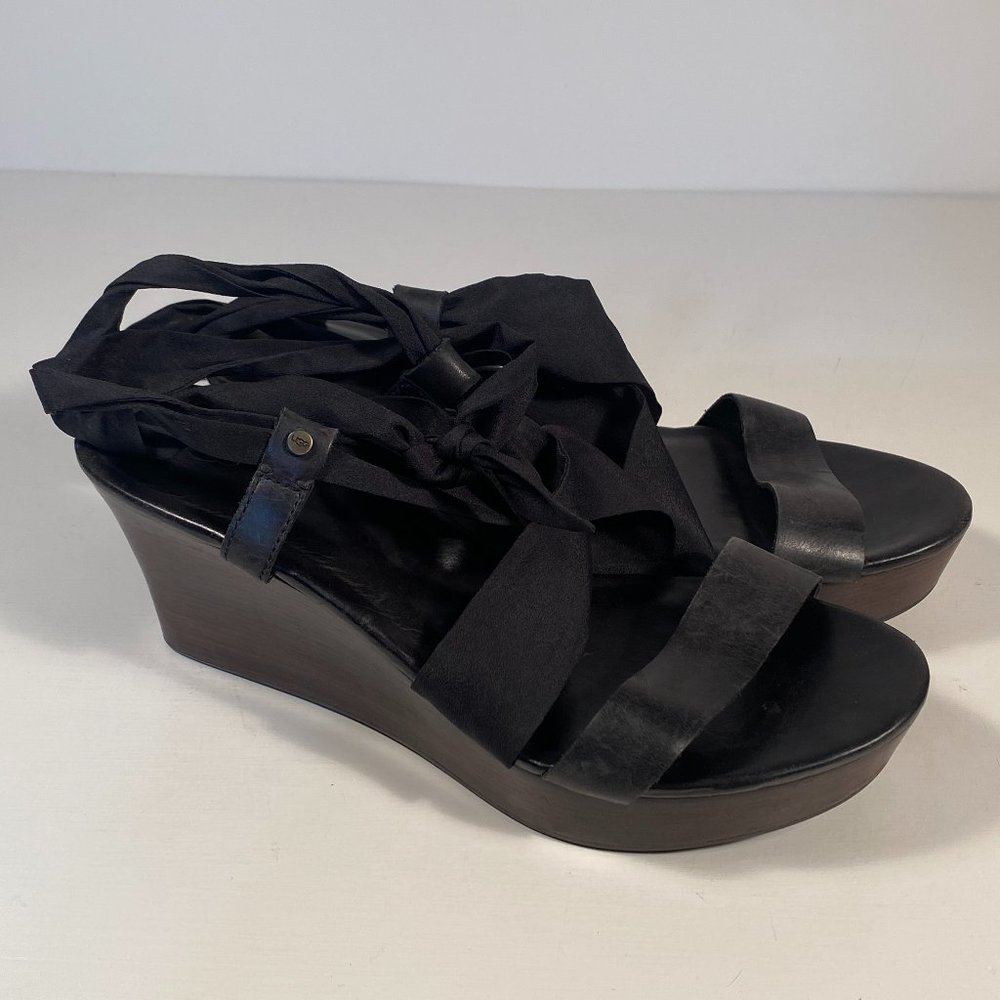 Ugg (1007469) Strappy Wedge Sandals Black Tie Women Size 9.5